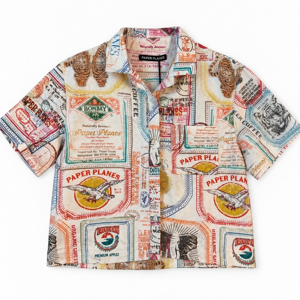 Paper Planes Multi Color Passport Stamp Print Cropped Shirt NWT Maximalist